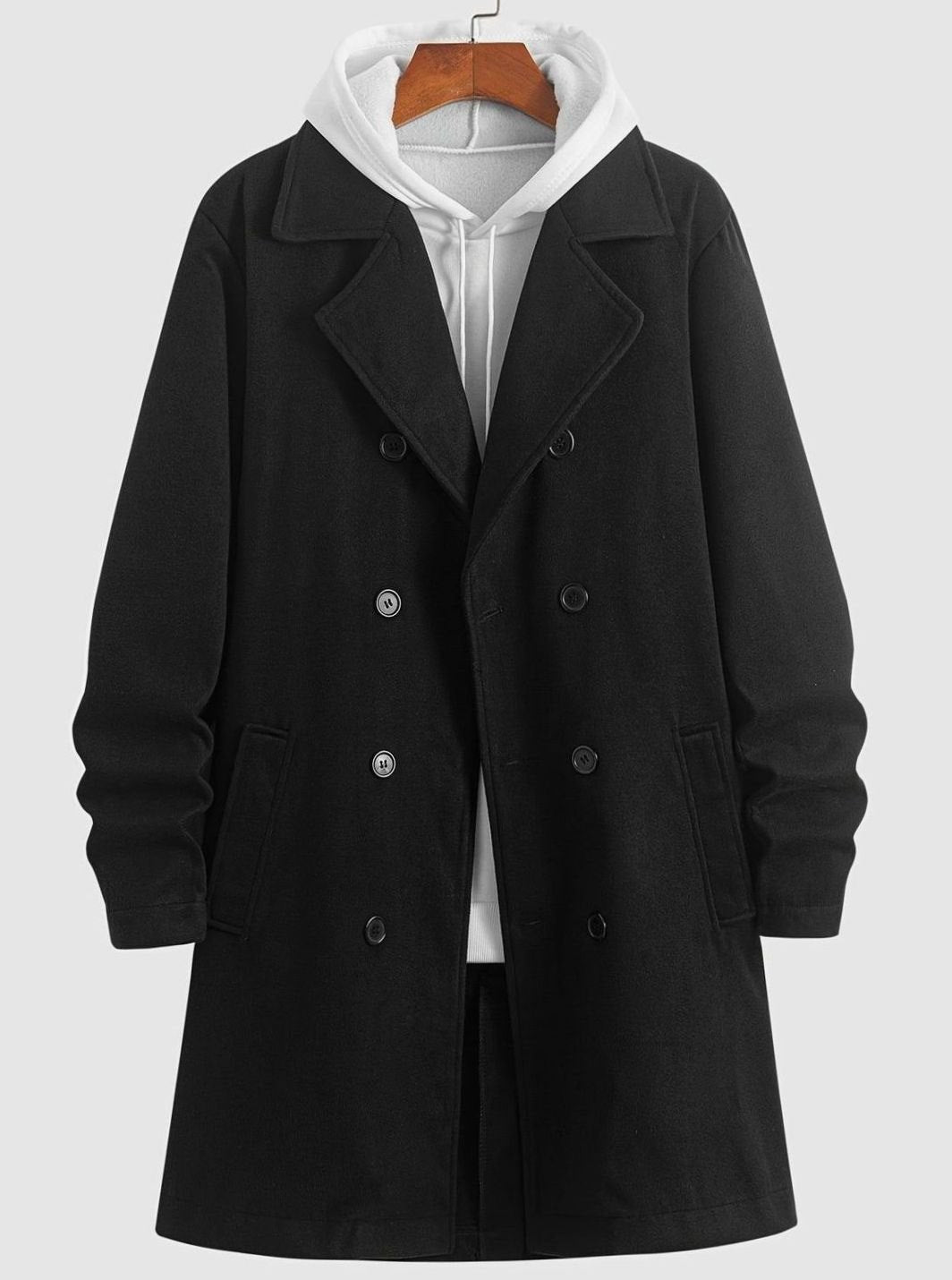 Men's Double-Breasted Tailored Wool Overcoat, Black