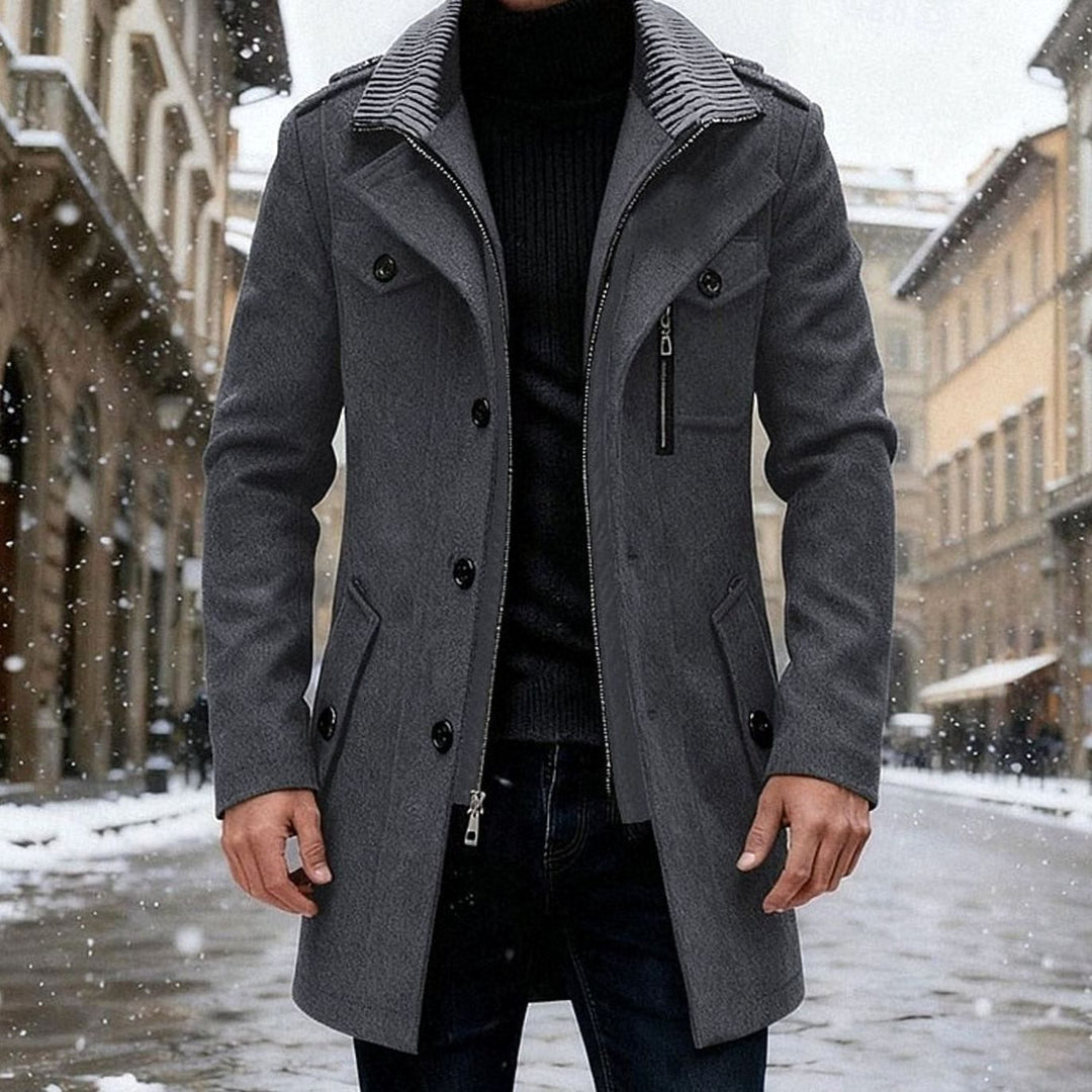 Men's Double-Breasted Wool Coat Tailored Overcoat - Gray