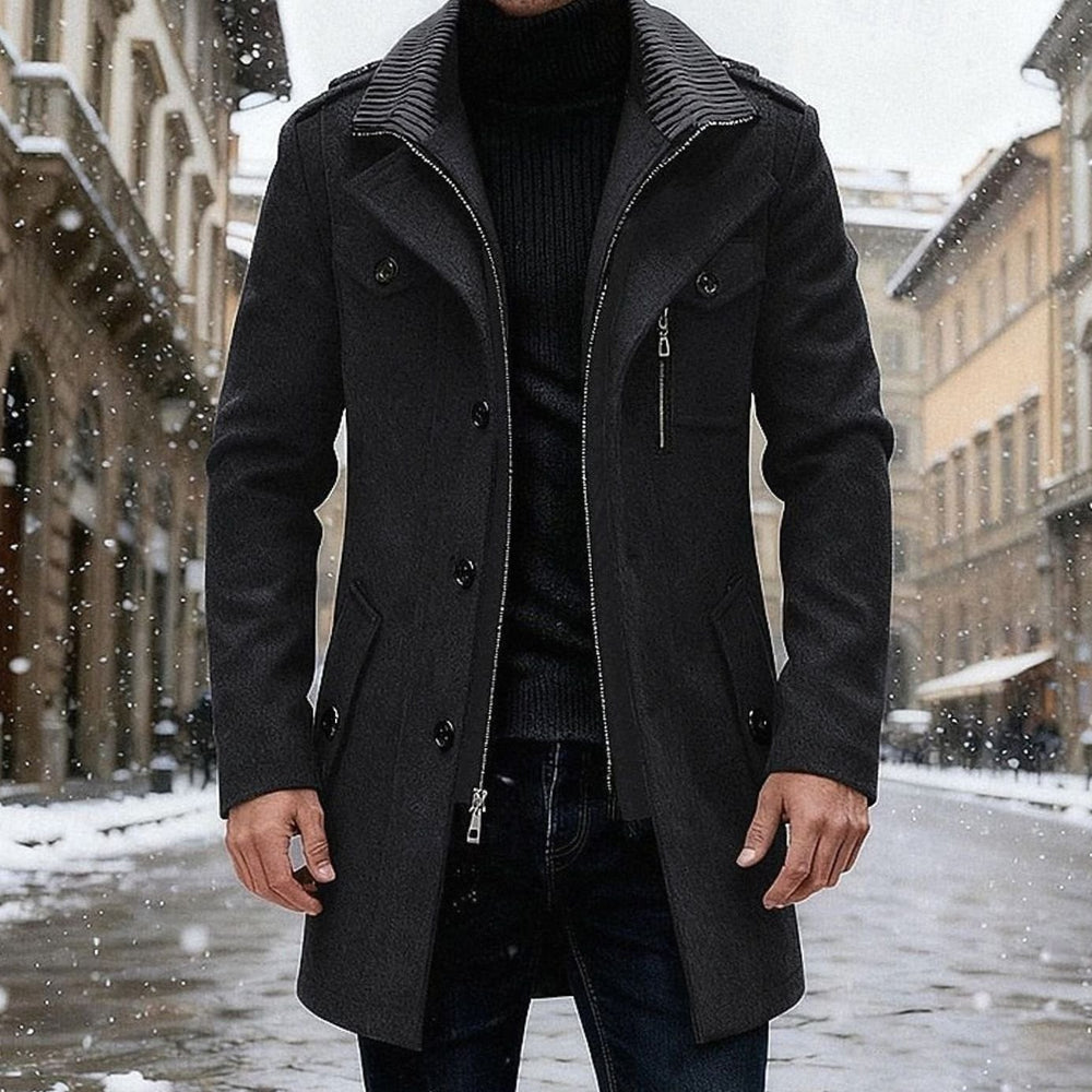 Men's Double-Breasted Wool Coat Tailored Overcoat - Black