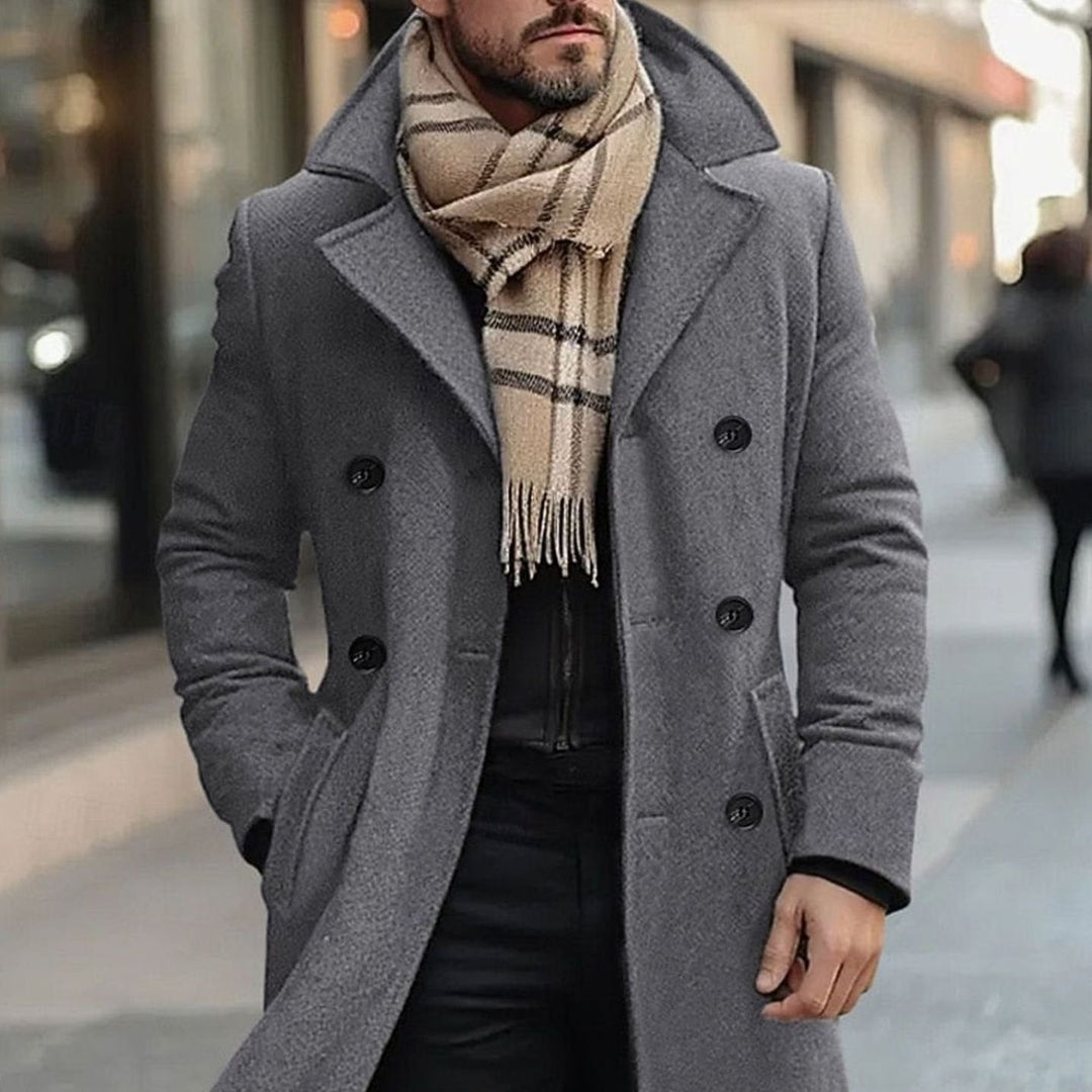 Men's Double-Breasted Wool Overcoat Tailored Long Winter Coat - Gray