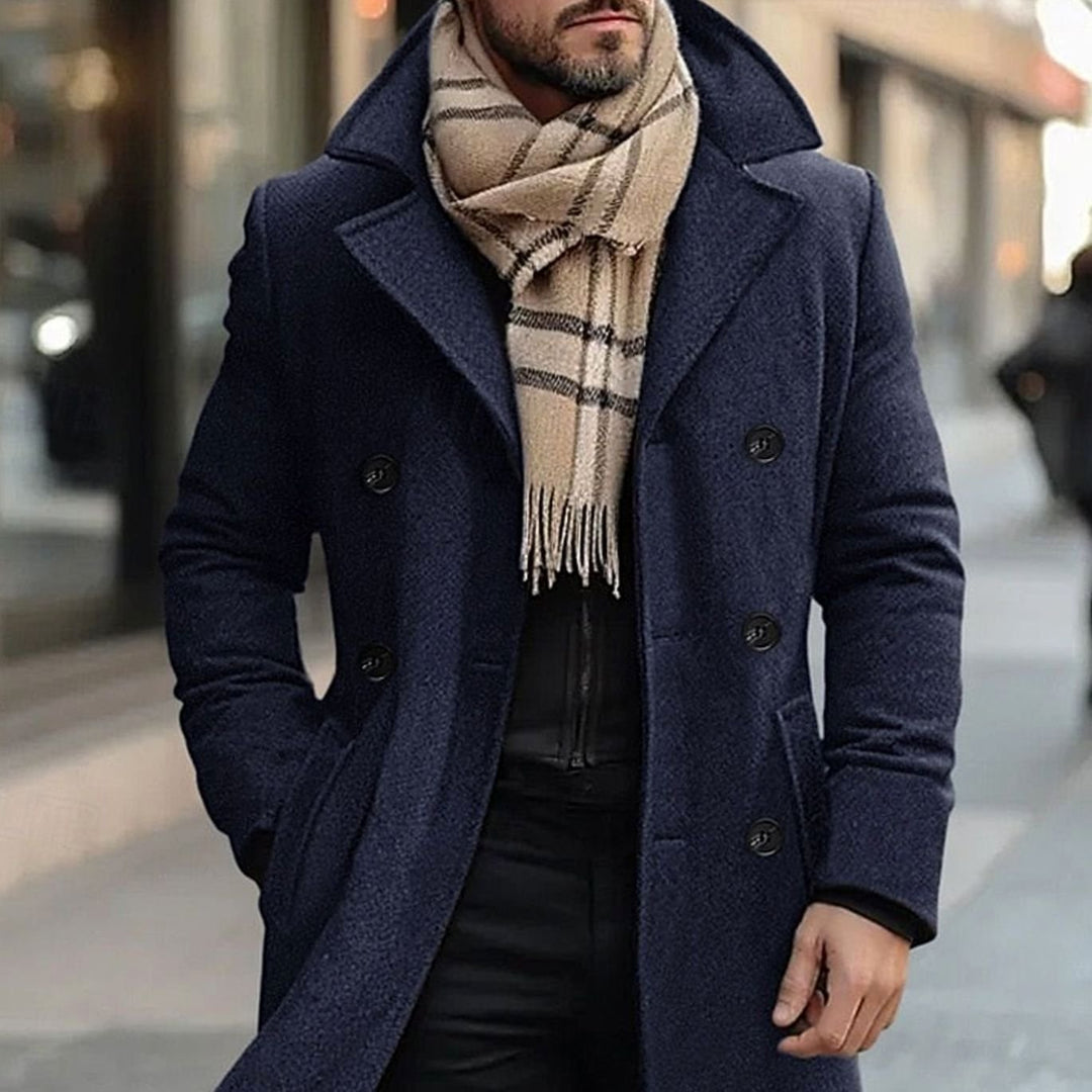 Men's Double-Breasted Wool Overcoat Tailored Long Winter Coat - Navy Blue