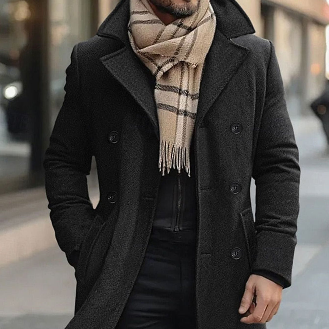 Men's Double-Breasted Wool Overcoat Tailored Long Winter Coat - Black