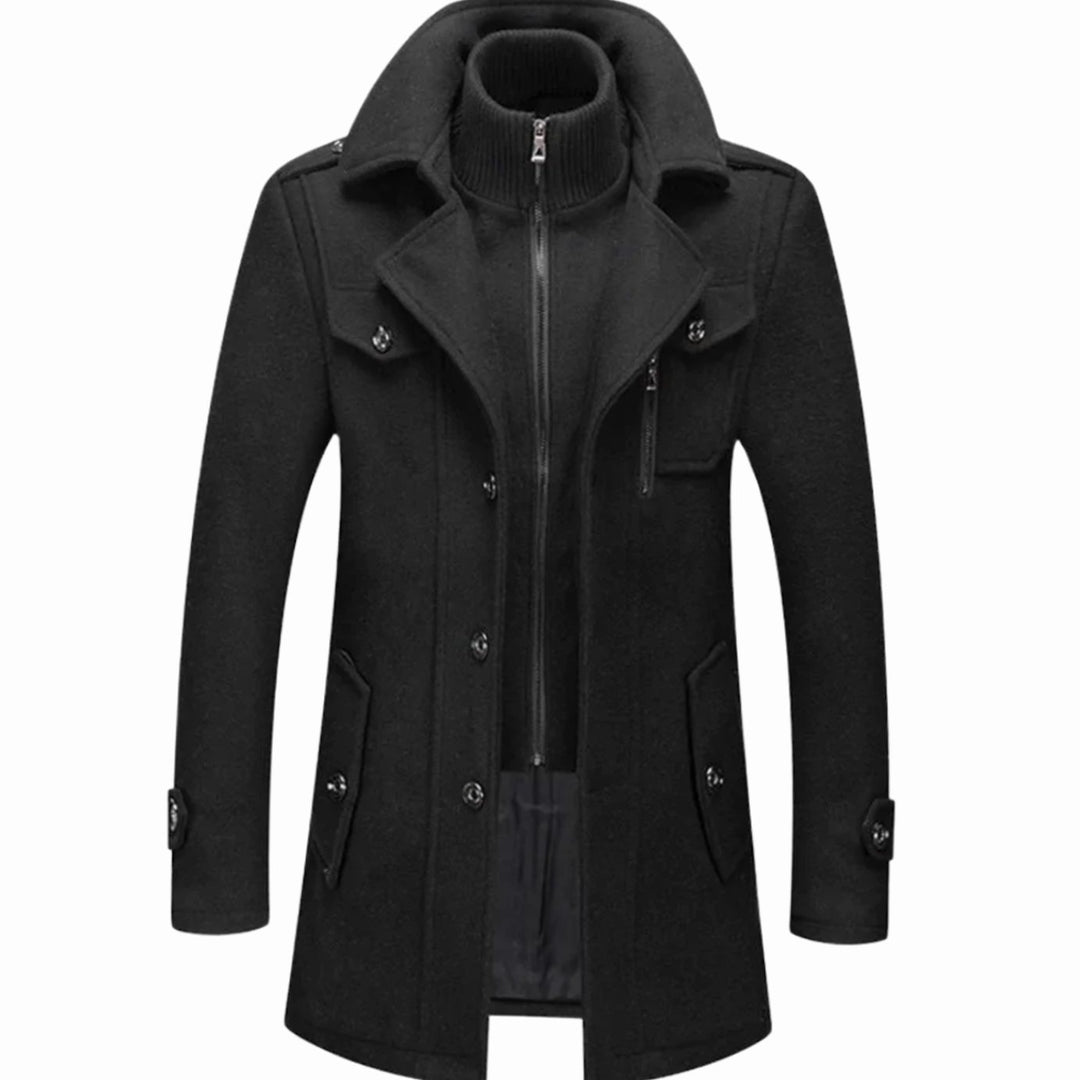 Men's Double-Layer Wool-Blend Long Coat Structured Button-Front Overcoat - Black