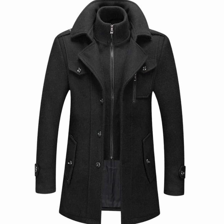 Men's Double-Layer Wool-Blend Long Coat Structured Button-Front Overcoat - Black