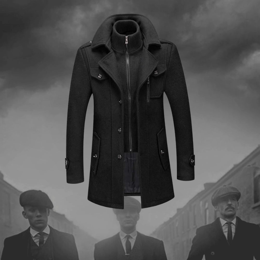 Men's Double-Layer Wool-Blend Long Coat Structured Button-Front Overcoat