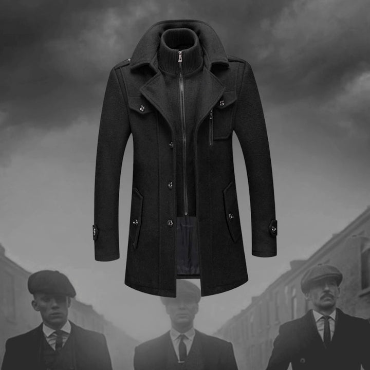 Men's Double-Layer Wool-Blend Long Coat Structured Button-Front Overcoat