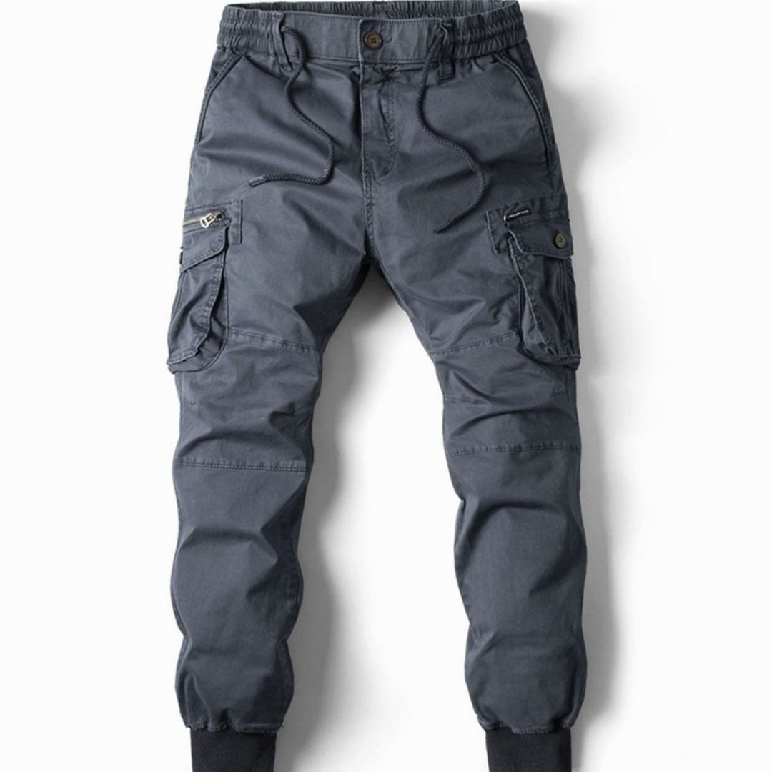 Men's Elastic Waist Cargo Jogger Pants Ribbed Cuff Tapered Fit - Dark Grey