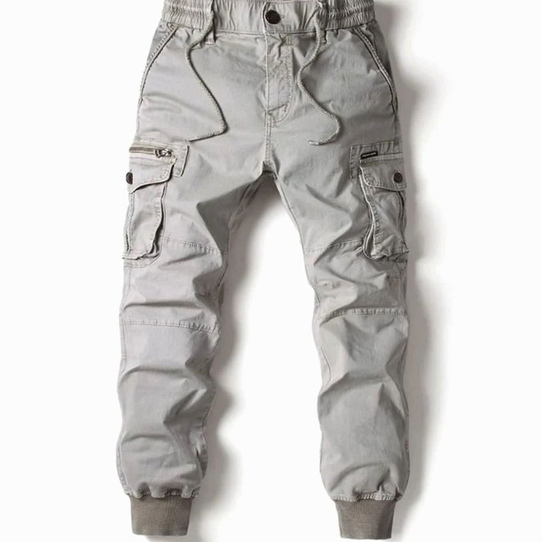 Men's Elastic Waist Cargo Jogger Pants Ribbed Cuff Tapered Fit - Light Grey