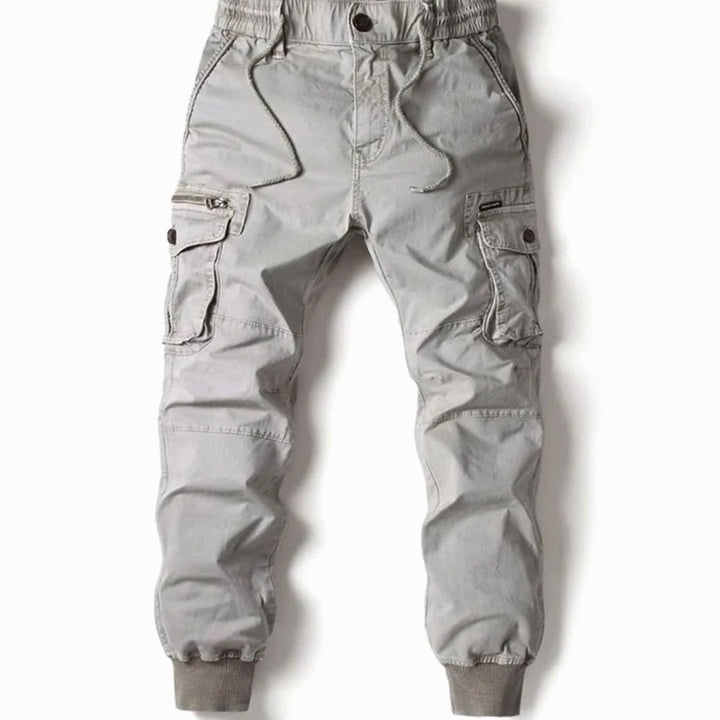 Men's Elastic Waist Cargo Jogger Pants Ribbed Cuff Tapered Fit - Light Grey