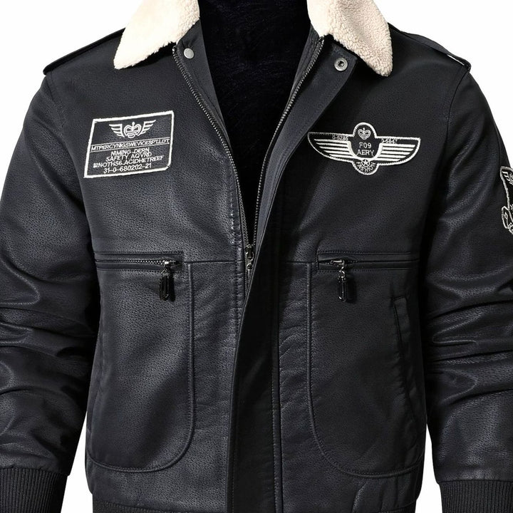 Men's Faux Leather Aviator Bomber Jacket Sherpa Collar Patch Detail - Black
