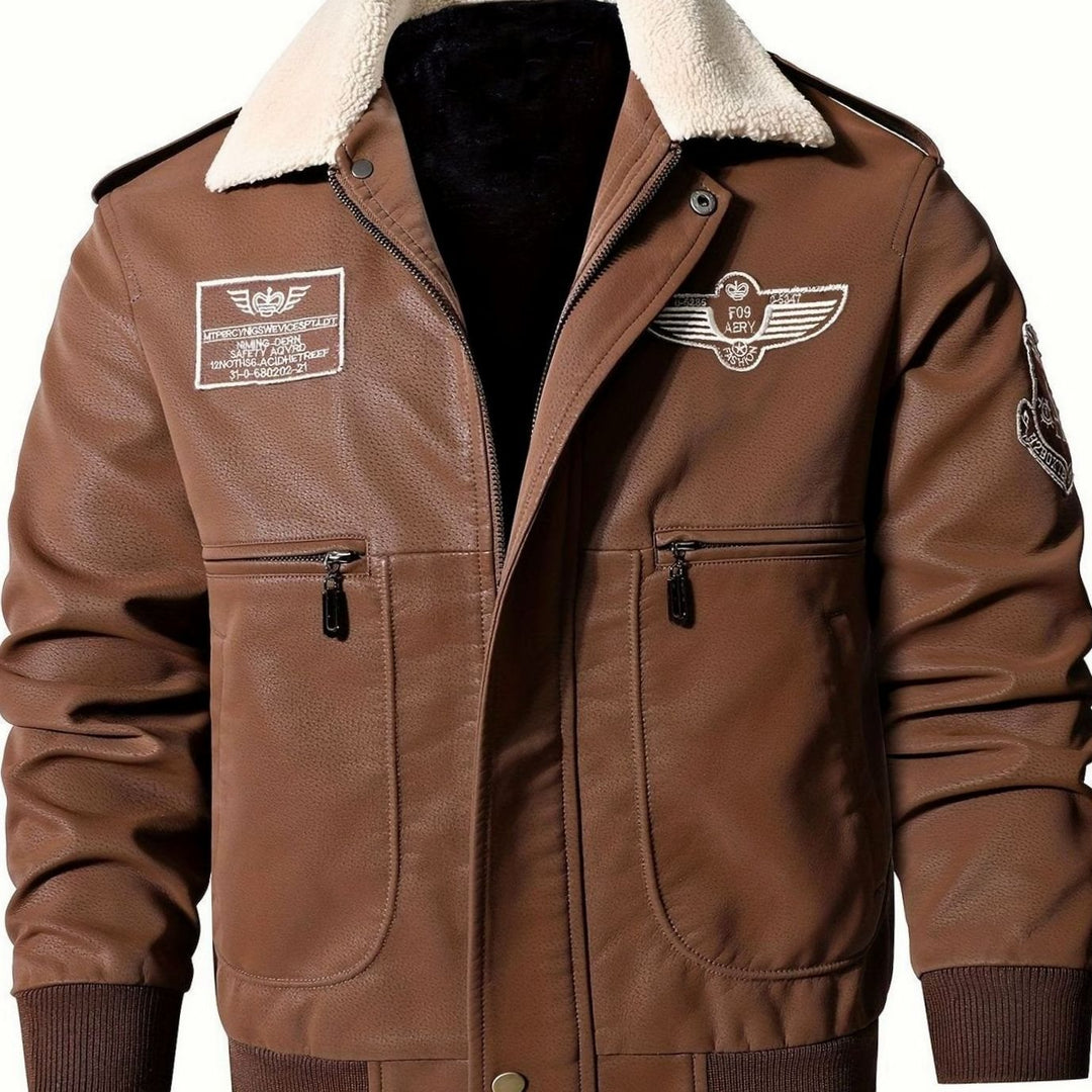 Men's Faux Leather Aviator Bomber Jacket Sherpa Collar Patch Detail - Coffee Brown