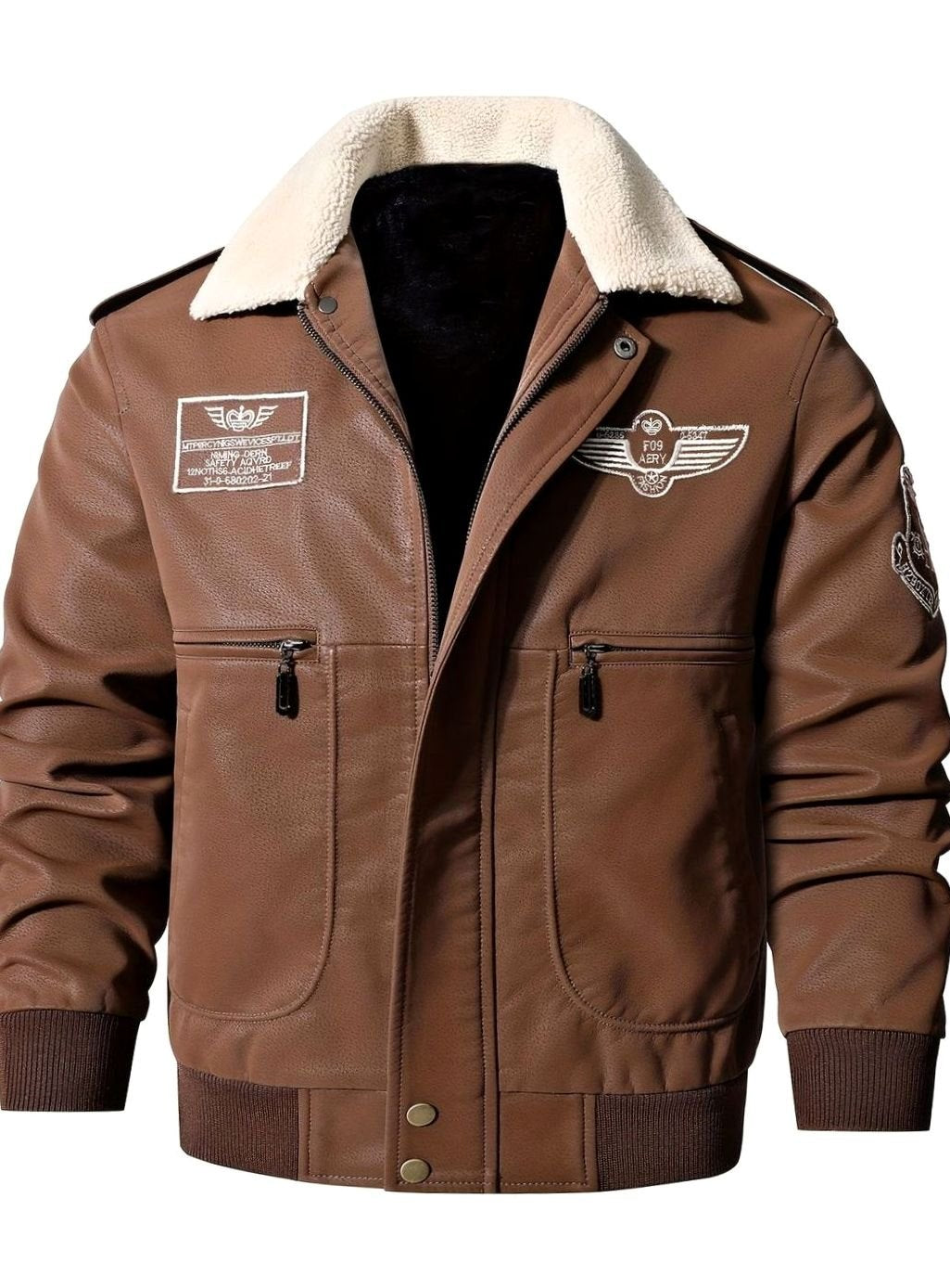 Men's Faux Leather Aviator Bomber Jacket Sherpa Collar Patch Detail
