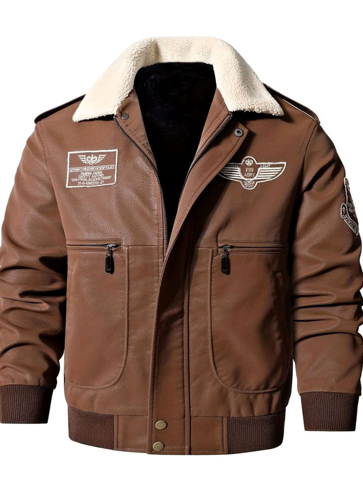 Men's Faux Leather Aviator Bomber Jacket Sherpa Collar Patch Detail