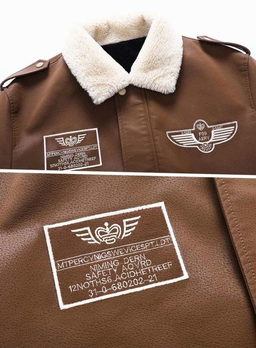 Men's Faux Leather Aviator Bomber Jacket Sherpa Collar Patch Detail
