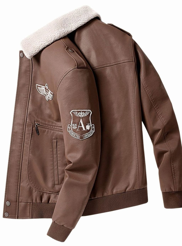 Men's Faux Leather Aviator Bomber Jacket Sherpa Collar Patch Detail