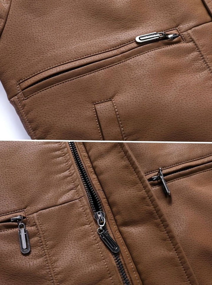 Men's Faux Leather Aviator Bomber Jacket Sherpa Collar Patch Detail