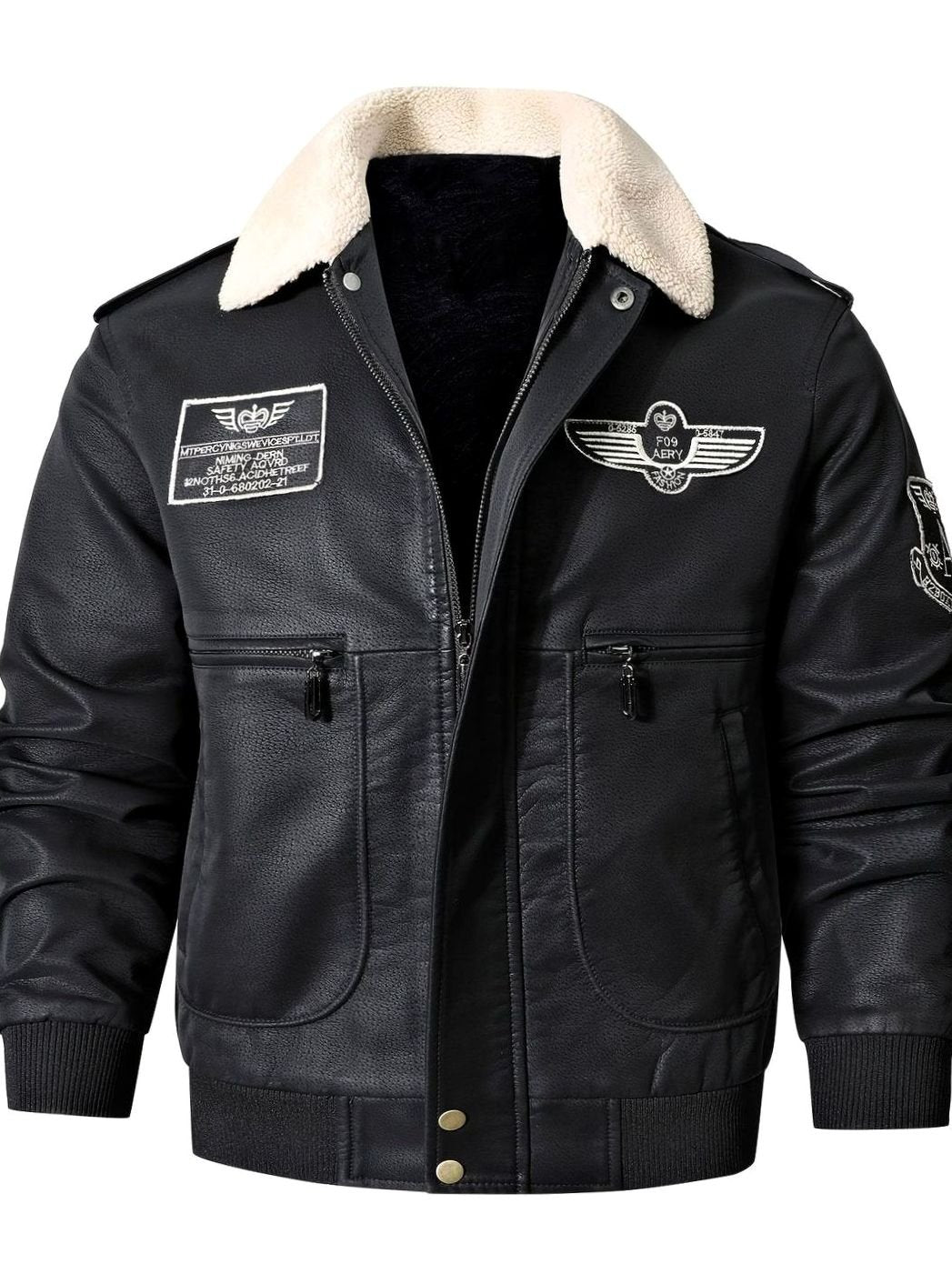 Men's Faux Leather Aviator Bomber Jacket Sherpa Collar Patch Detail