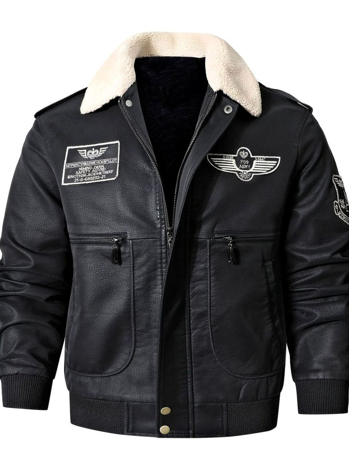 Men's Faux Leather Aviator Bomber Jacket Sherpa Collar Patch Detail
