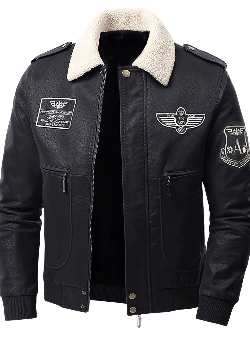 Men's Faux Leather Aviator Bomber Jacket Sherpa Collar Patch Detail