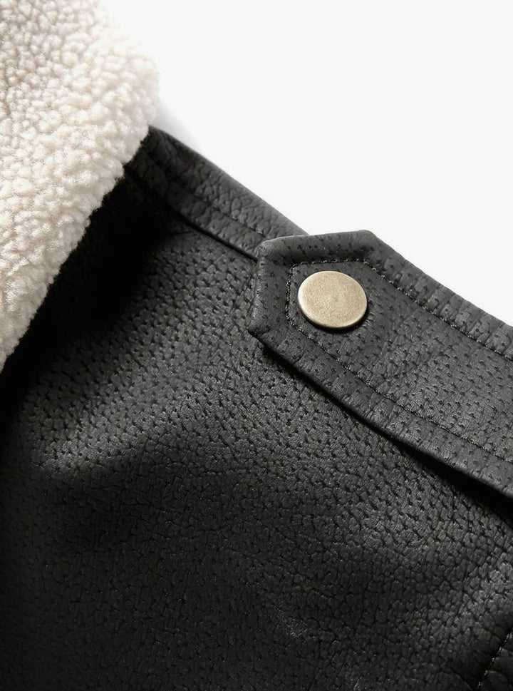 Men's Faux Leather Aviator Bomber Jacket Sherpa Collar Patch Detail