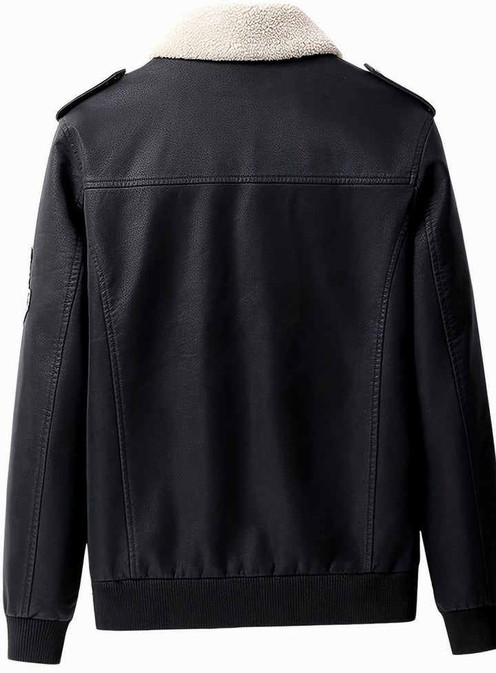 Men's Faux Leather Aviator Bomber Jacket Sherpa Collar Patch Detail