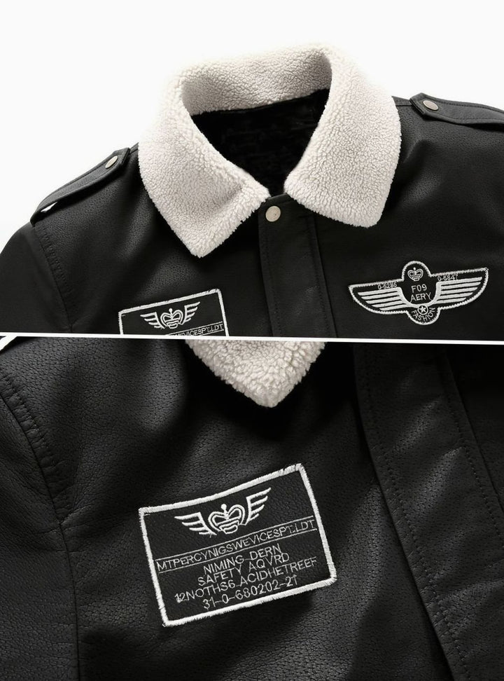 Men's Faux Leather Aviator Bomber Jacket Sherpa Collar Patch Detail