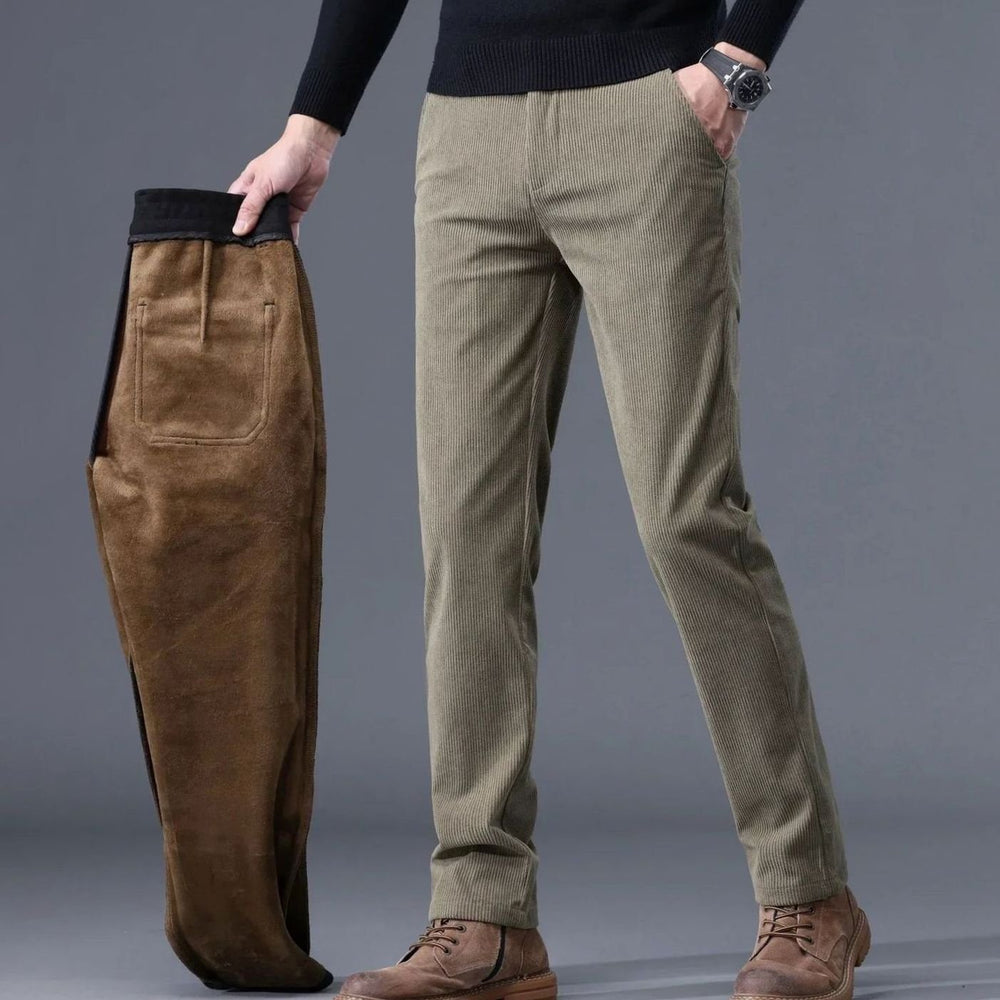 Men's Fleece-Lined Corduroy Warm Pants Straight Fit - Khaki