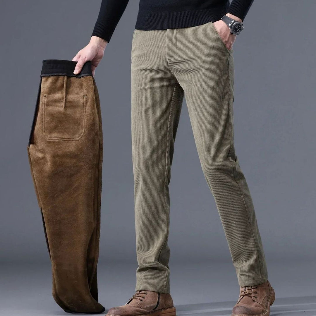 Men's Fleece-Lined Corduroy Warm Pants Straight Fit - Khaki