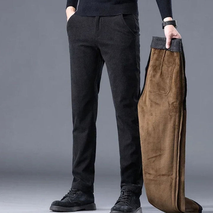 Men's Fleece-Lined Corduroy Warm Pants Straight Fit - Black