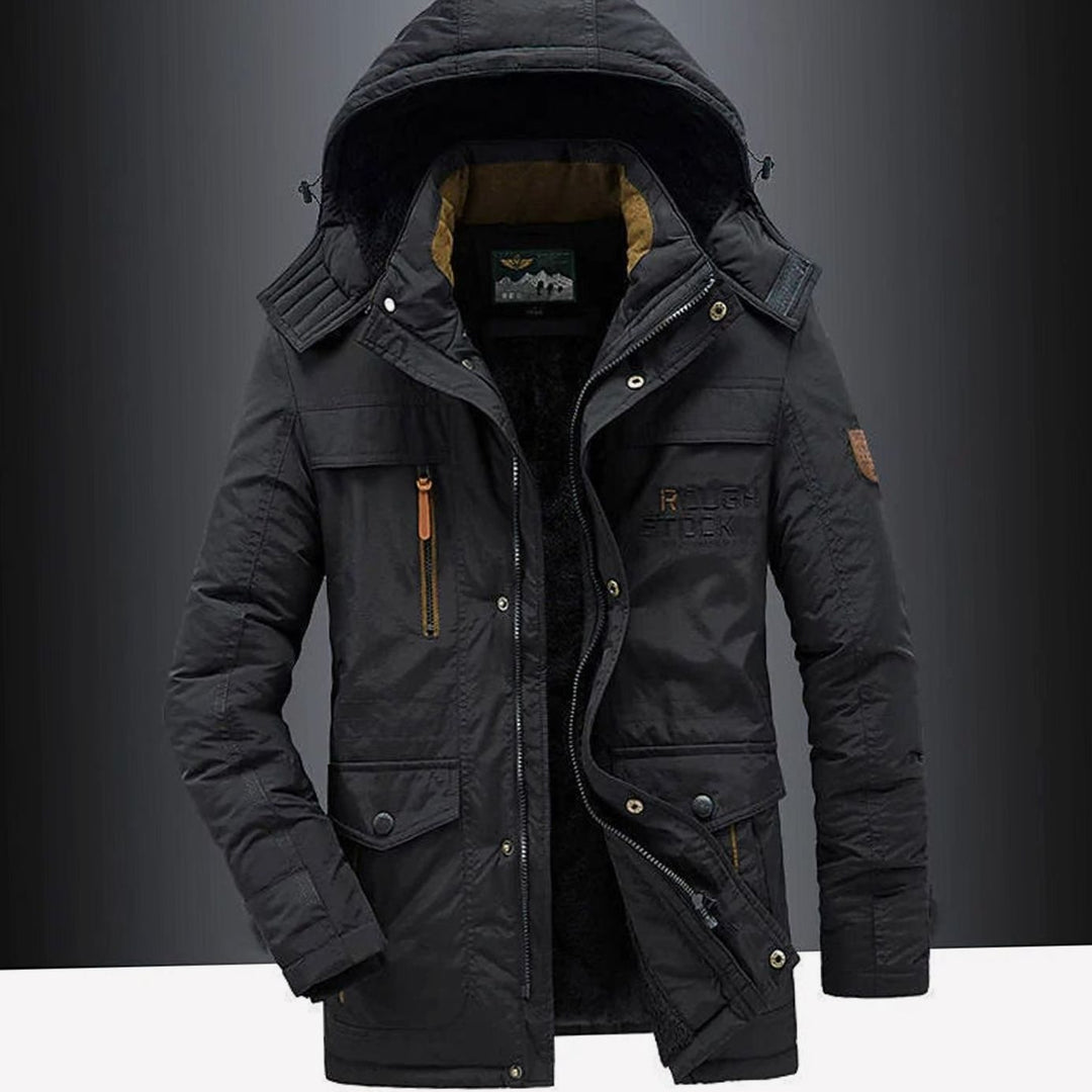 Men's Fleece-Lined Hooded Multi-Pocket Heavy-Duty Winter Jacket - Black