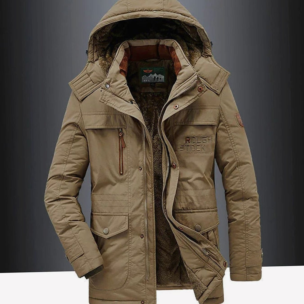 Men's Fleece-Lined Hooded Multi-Pocket Heavy-Duty Winter Jacket - Brown