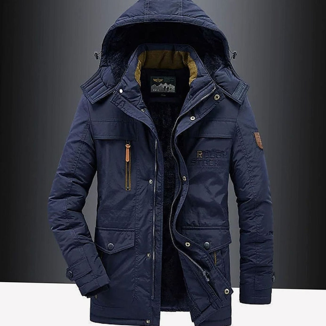 Men's Fleece-Lined Hooded Multi-Pocket Heavy-Duty Winter Jacket - Blue