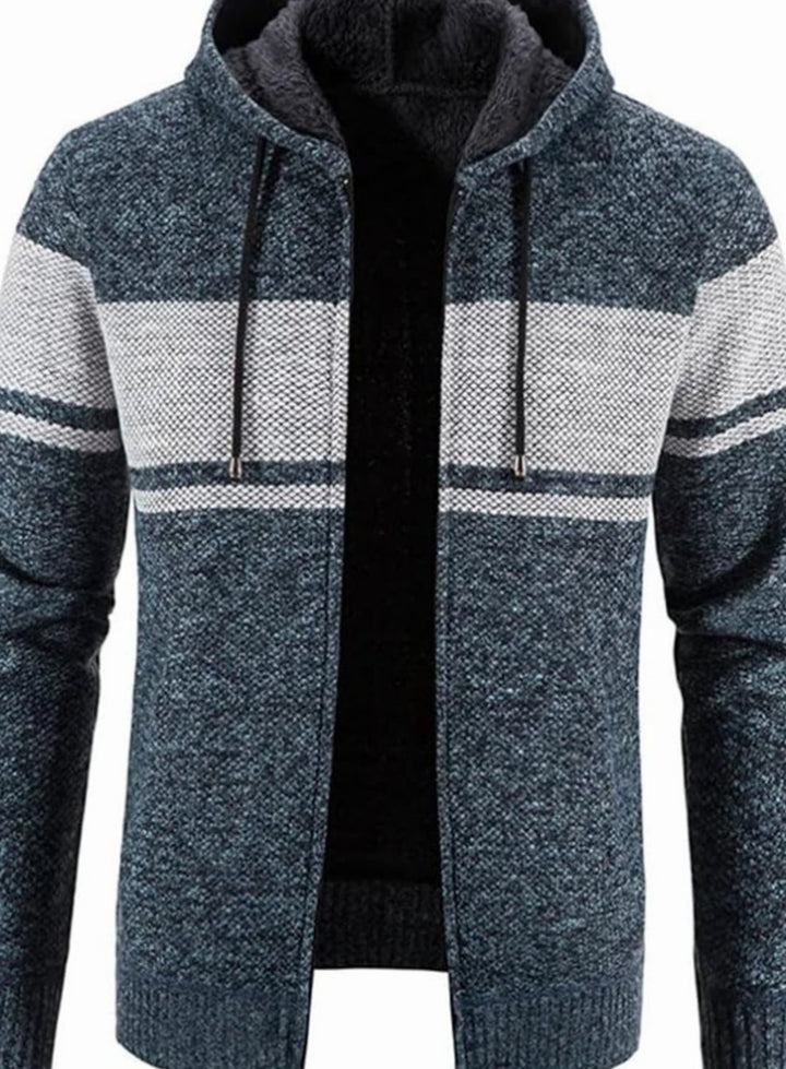 Men's Fleece-Lined Hooded Zip Front Cardigan Sweater - Blue Gray