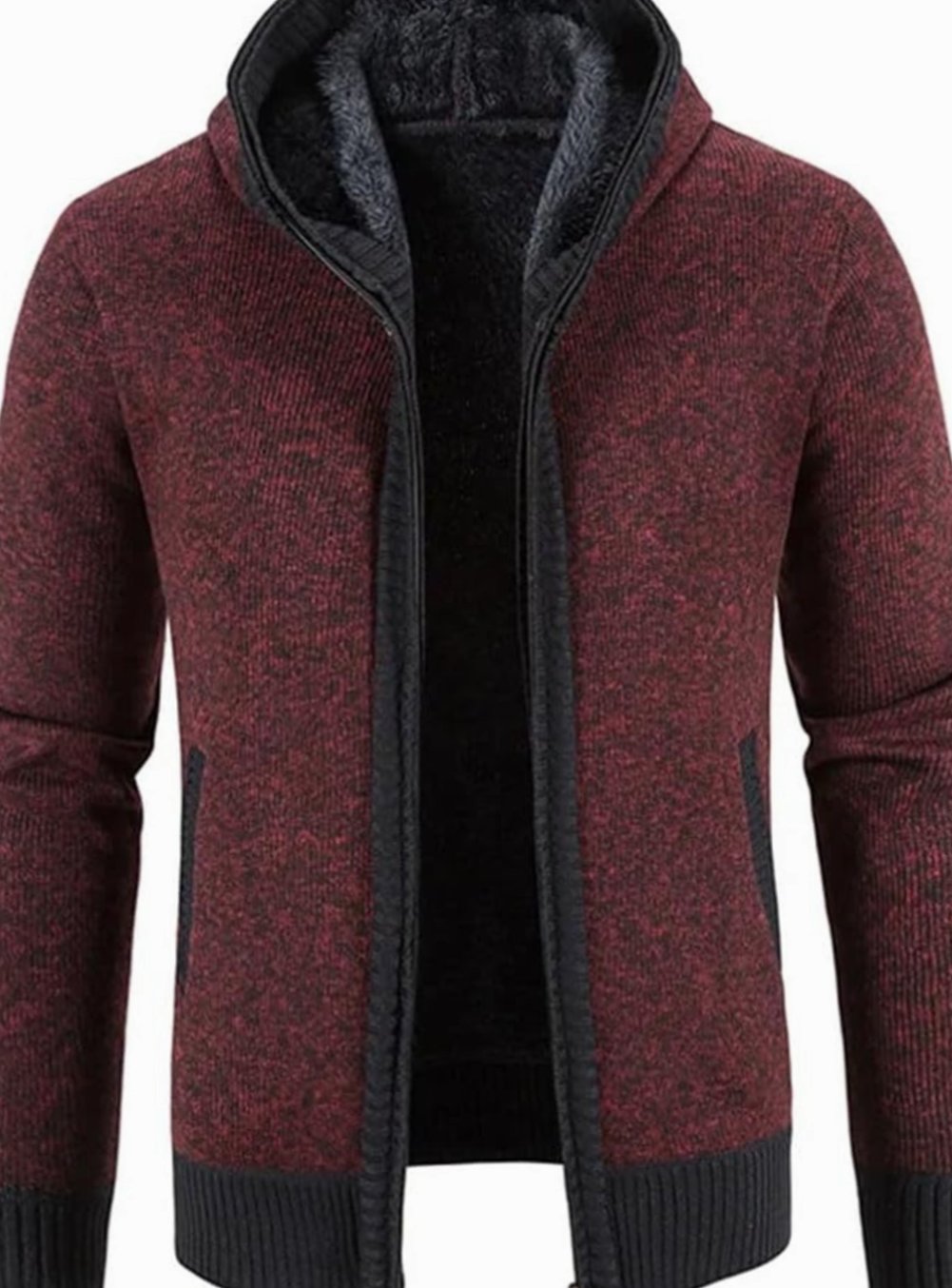 Men's Fleece-Lined Hooded Zip Front Cardigan Sweater - Dark Red