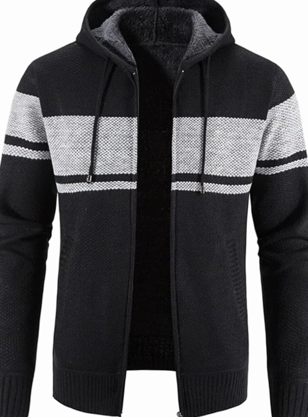 Men's Fleece-Lined Hooded Zip Front Cardigan Sweater - Black Gray