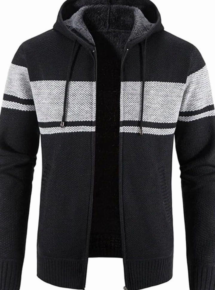 Men's Fleece-Lined Hooded Zip Front Cardigan Sweater - Black Gray