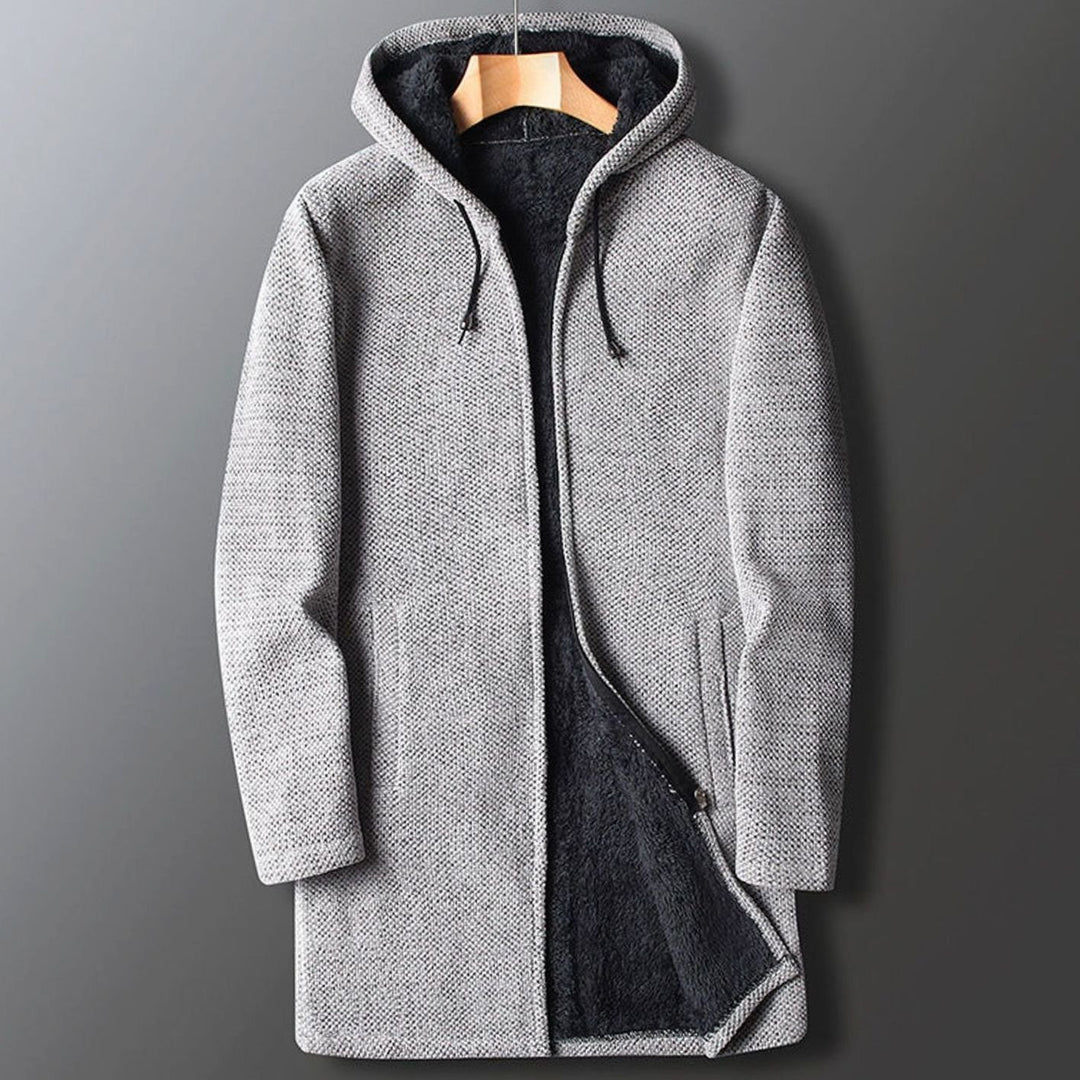 Men's Fleece-Lined Long Hooded Coat Full-Length Winter Overcoat - Light Grey