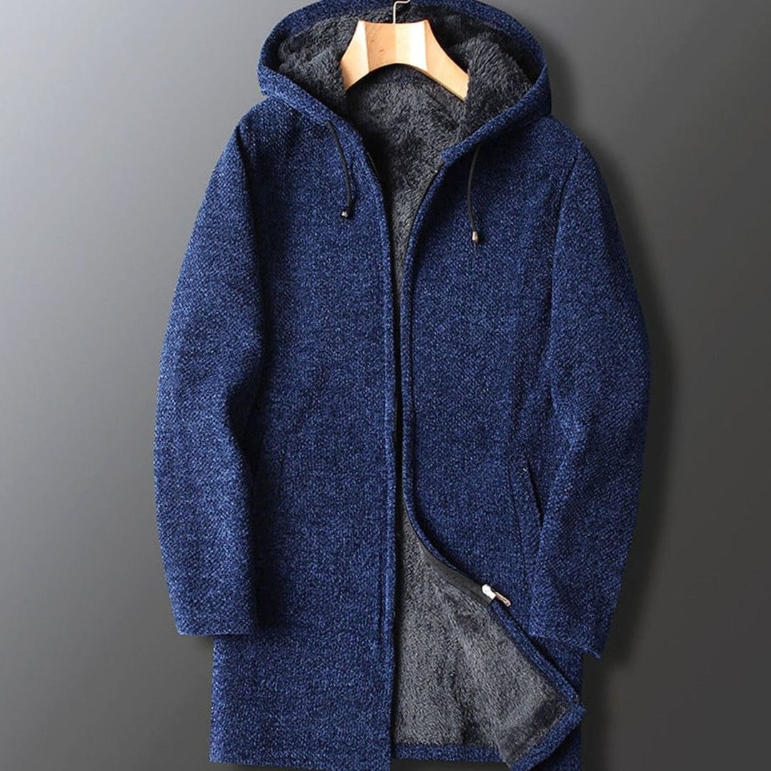 Men's Fleece-Lined Long Hooded Coat Full-Length Winter Overcoat - Navy Blue