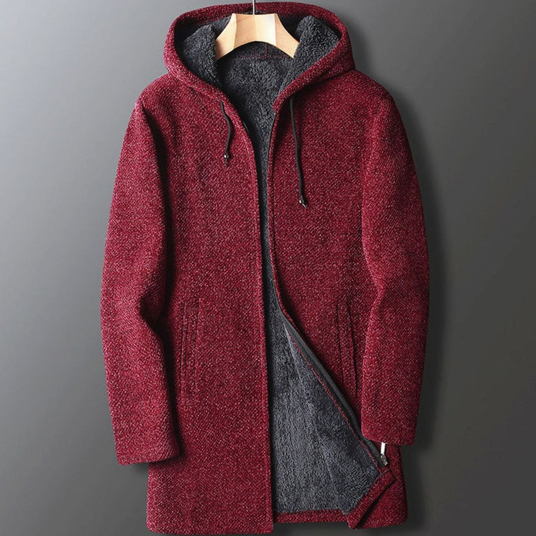 Men's Fleece-Lined Long Hooded Coat Full-Length Winter Overcoat - Red