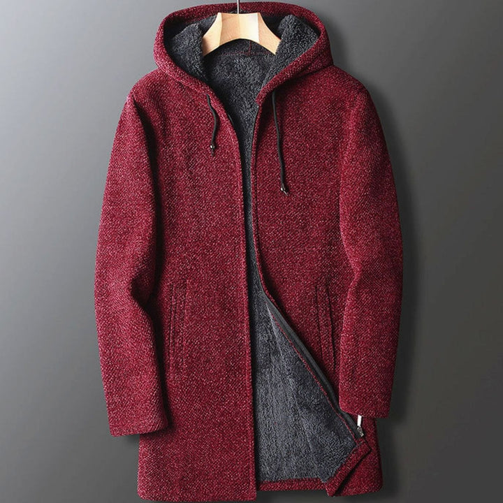 Men's Fleece-Lined Long Hooded Coat Full-Length Winter Overcoat - Red