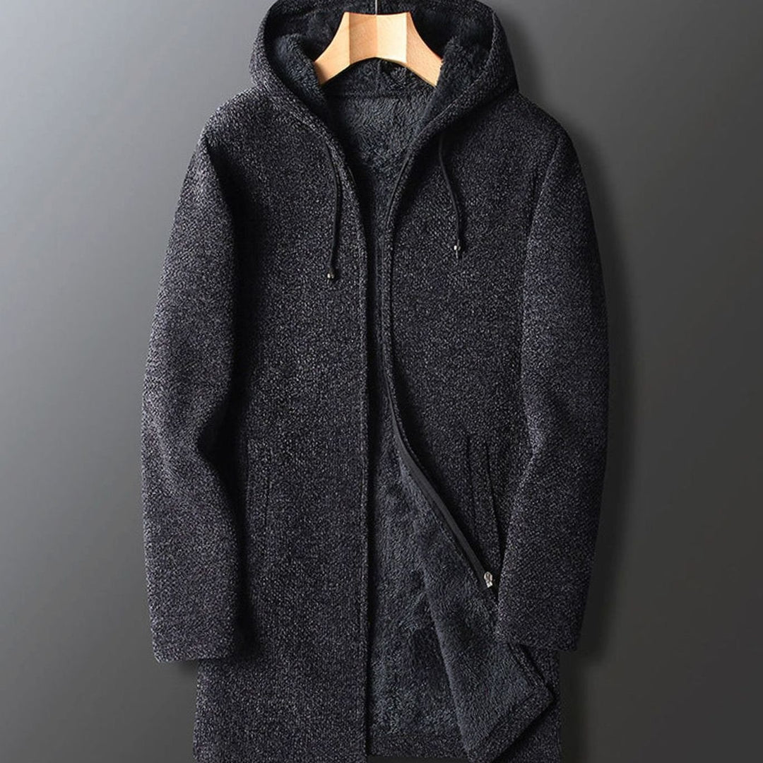 Men's Fleece-Lined Long Hooded Coat Full-Length Winter Overcoat - Dark Grey