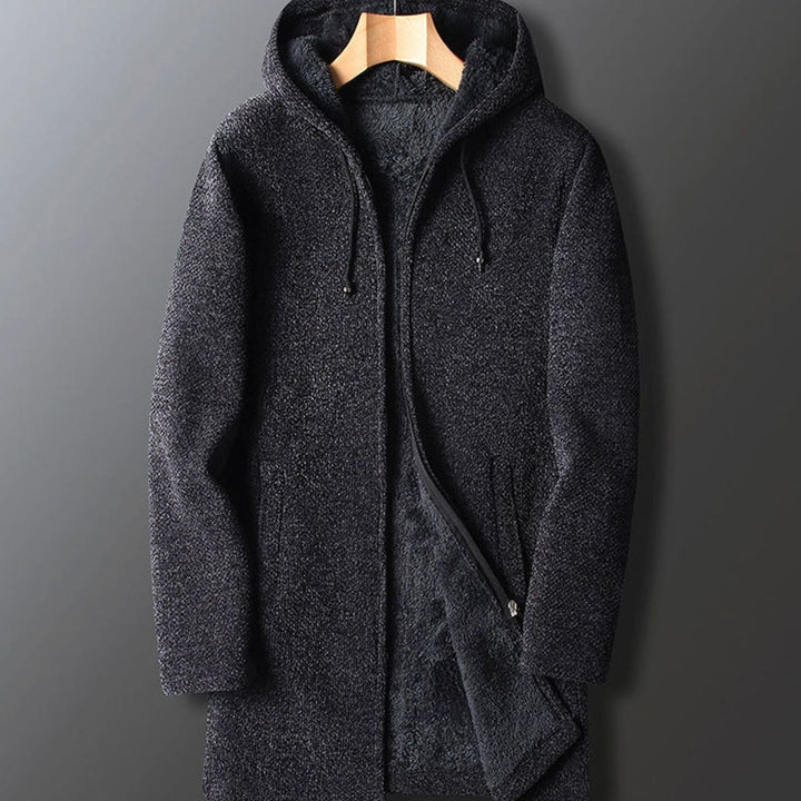 Men's Fleece-Lined Long Hooded Coat Full-Length Winter Overcoat - Dark Grey