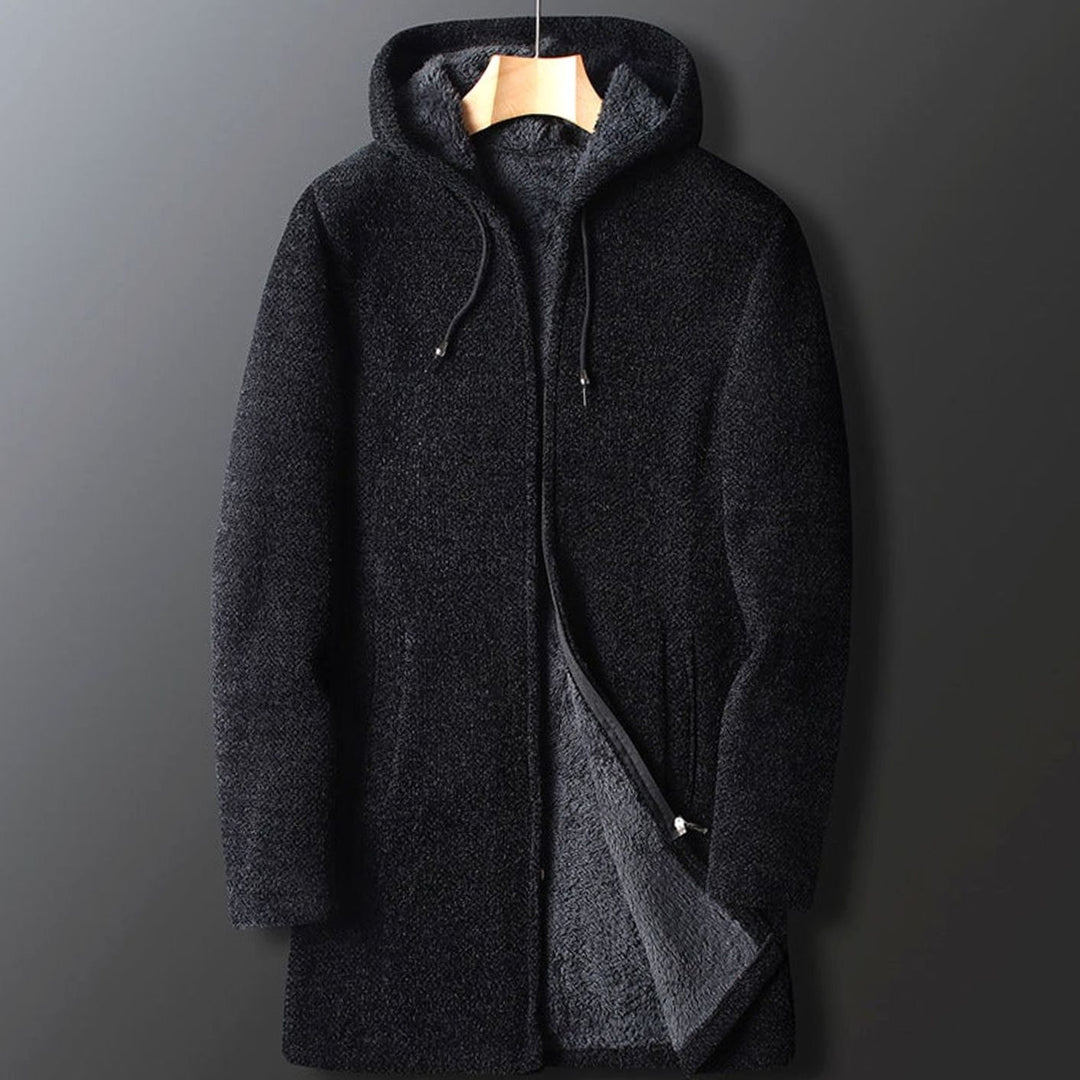 Men's Fleece-Lined Long Hooded Coat Full-Length Winter Overcoat - Black