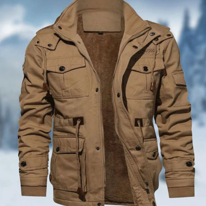 Men's Fleece-Lined Military Cargo Bomber Jacket - Beige