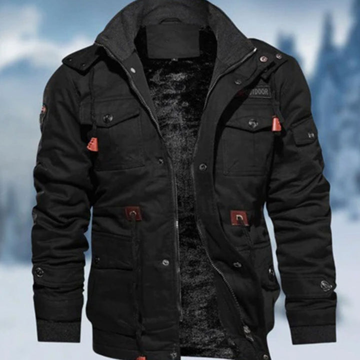 Men's Fleece-Lined Military Cargo Bomber Jacket - Black