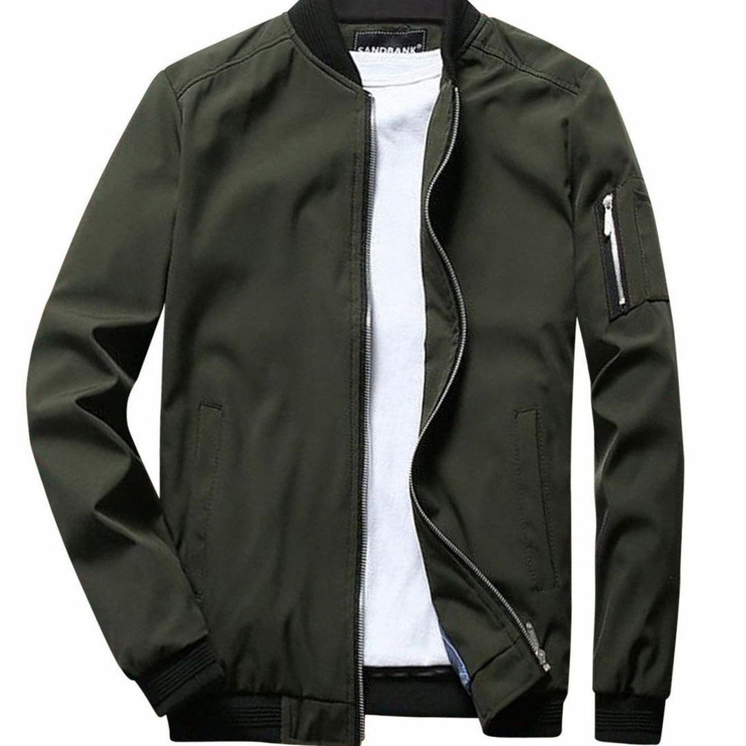 Men's Full-Zip Bomber Jacket Ribbed-Collar Lightweight - Army Green