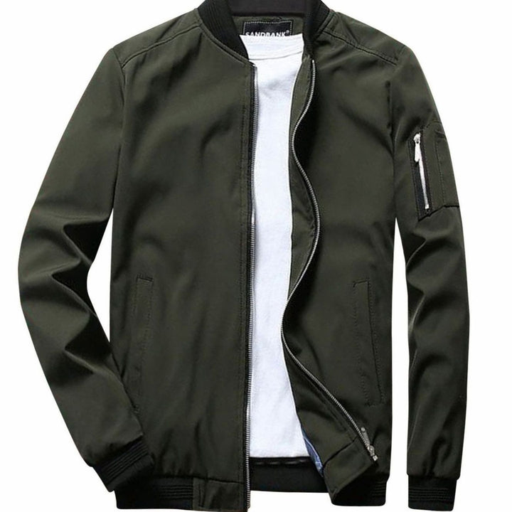 Men's Full-Zip Bomber Jacket Ribbed-Collar Lightweight - Army Green