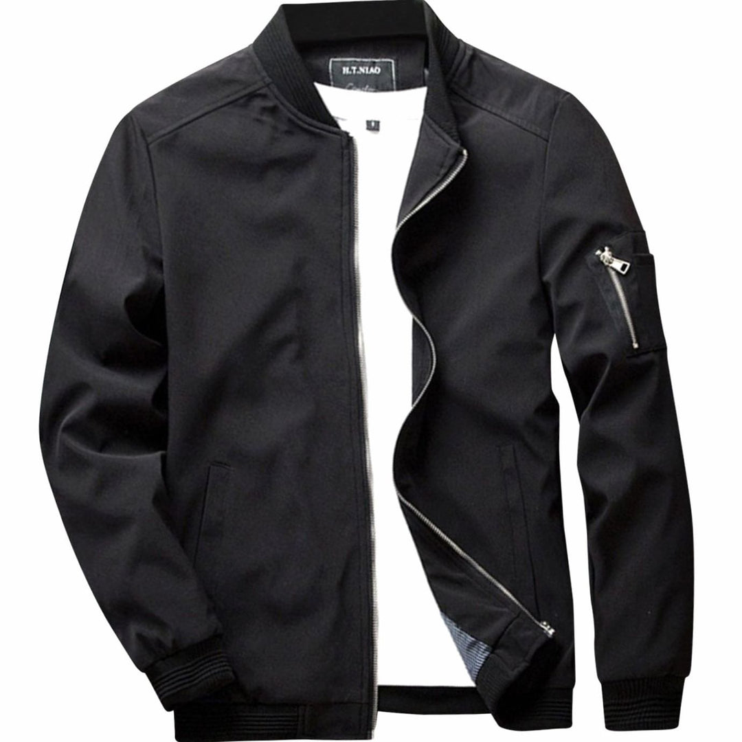 Men's Full-Zip Bomber Jacket Ribbed-Collar Lightweight - Black