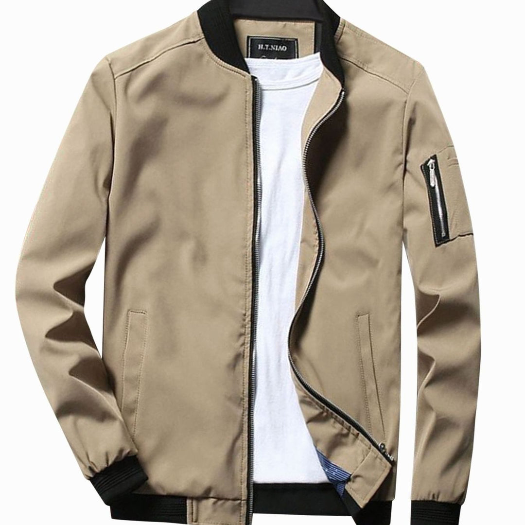 Men's Full-Zip Bomber Jacket Ribbed-Collar Lightweight - Khaki