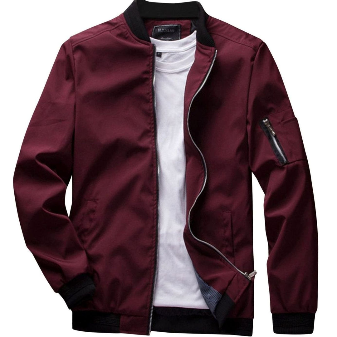 Men's Full-Zip Bomber Jacket Ribbed-Collar Lightweight - Burgundy